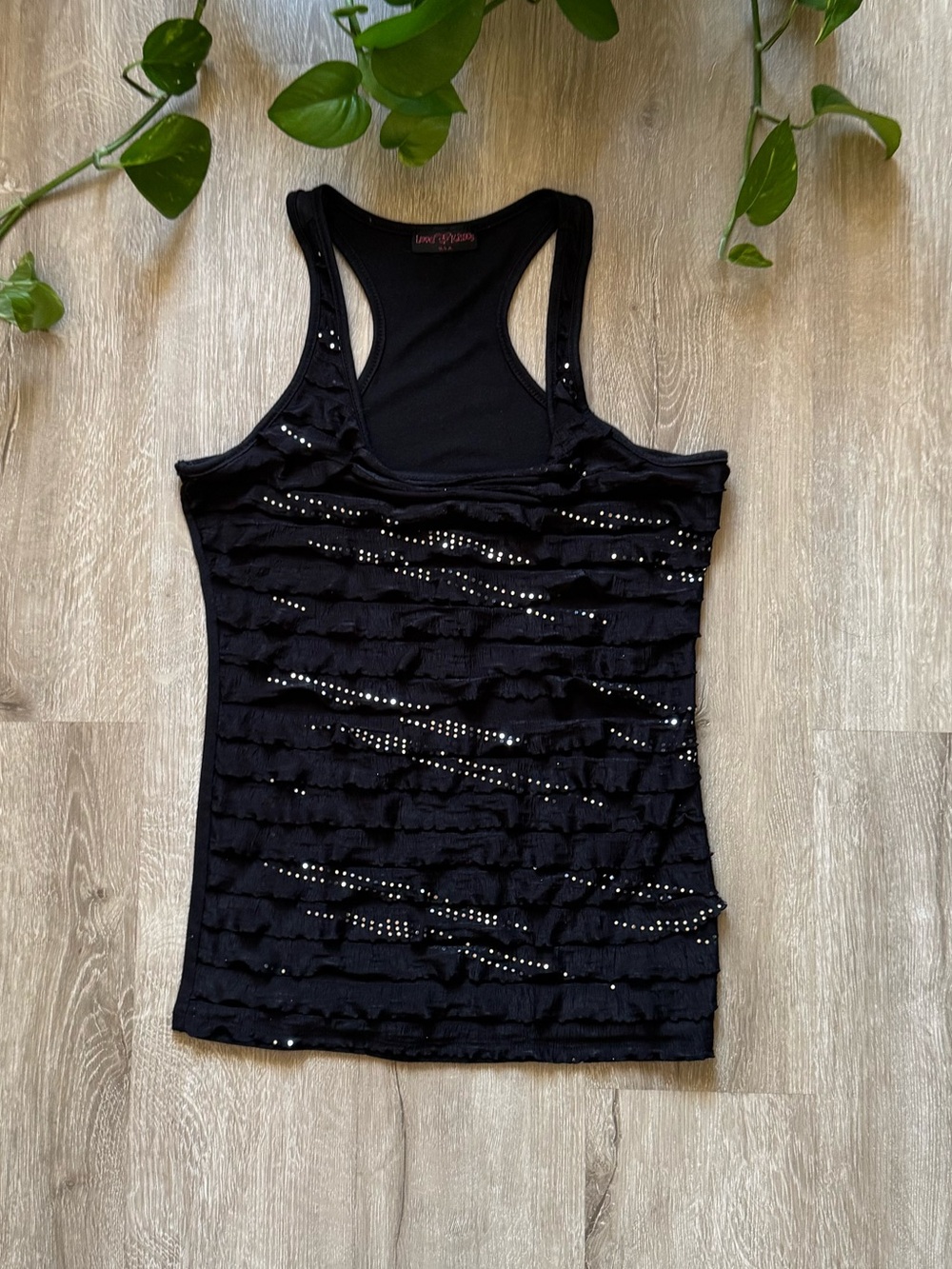 Y2K Black Rhinestone Ruffle Racerback Tank Top Going Out Emo Glam